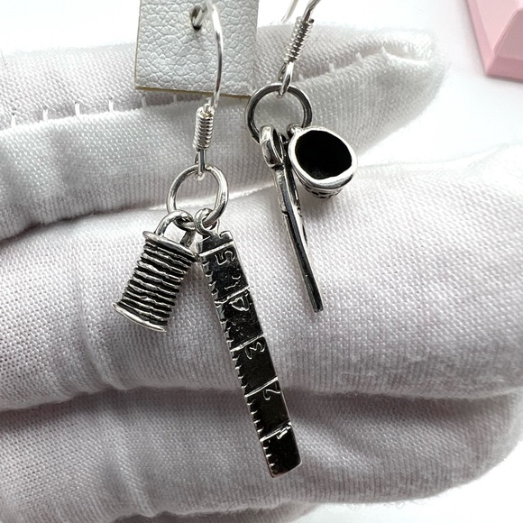 Sale $16 Firm! .925 Sterling Silver Ruler, Spool, Scissors and Thimble Earrings - Picture 4 of 11